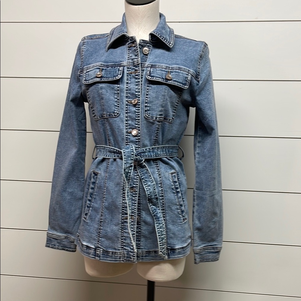 Blue Jean Jacket with Belted Waist and Hip Length